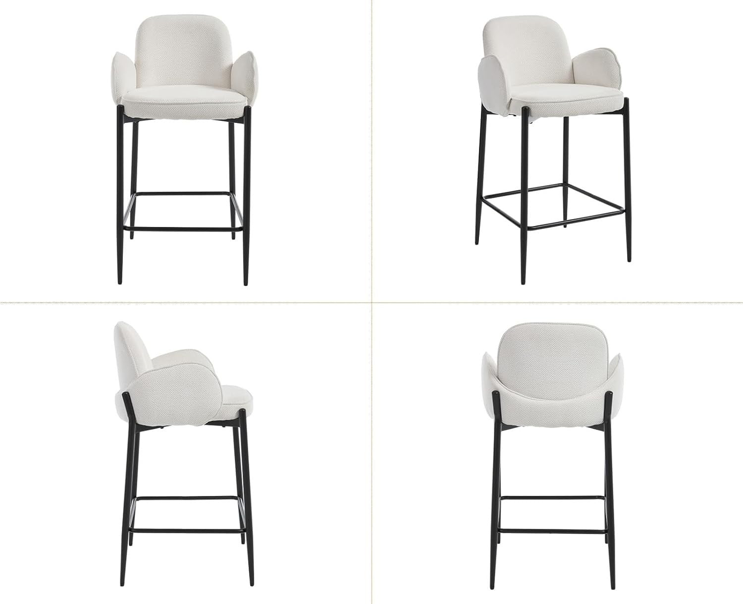 Modern White Bar Stools Set of 2 | Chenille Seat, Metal Legs, Armrest
