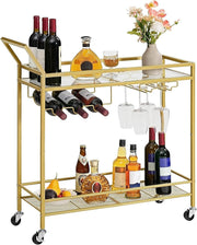 Gold Drinks Trolley 78x30x91cm Glass Shelf Wine Rack