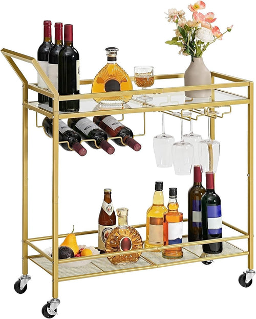 Gold Drinks Trolley 78x30x91cm Glass Shelf Wine Rack