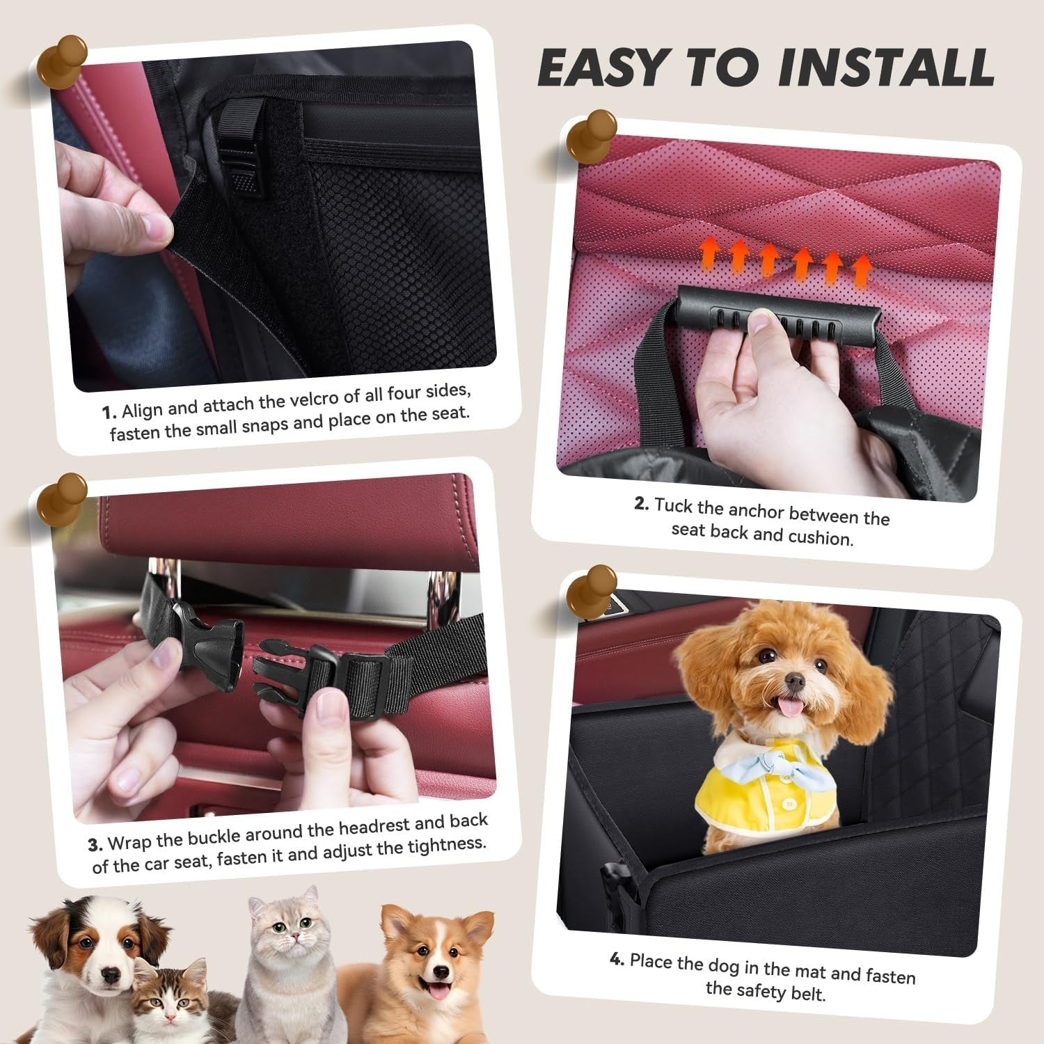Dog Car Booster Seat Memory Foam Travel Bed Safety Belt Storage Bags