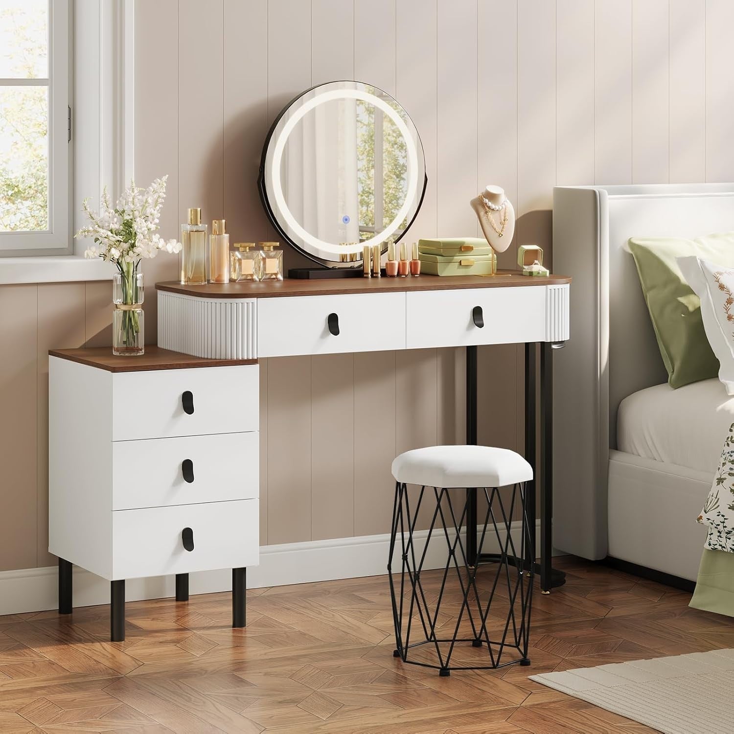 Orange Brown Dressing Table Vanity Desk Set LED Mirror Stool 5 Drawers Storage
