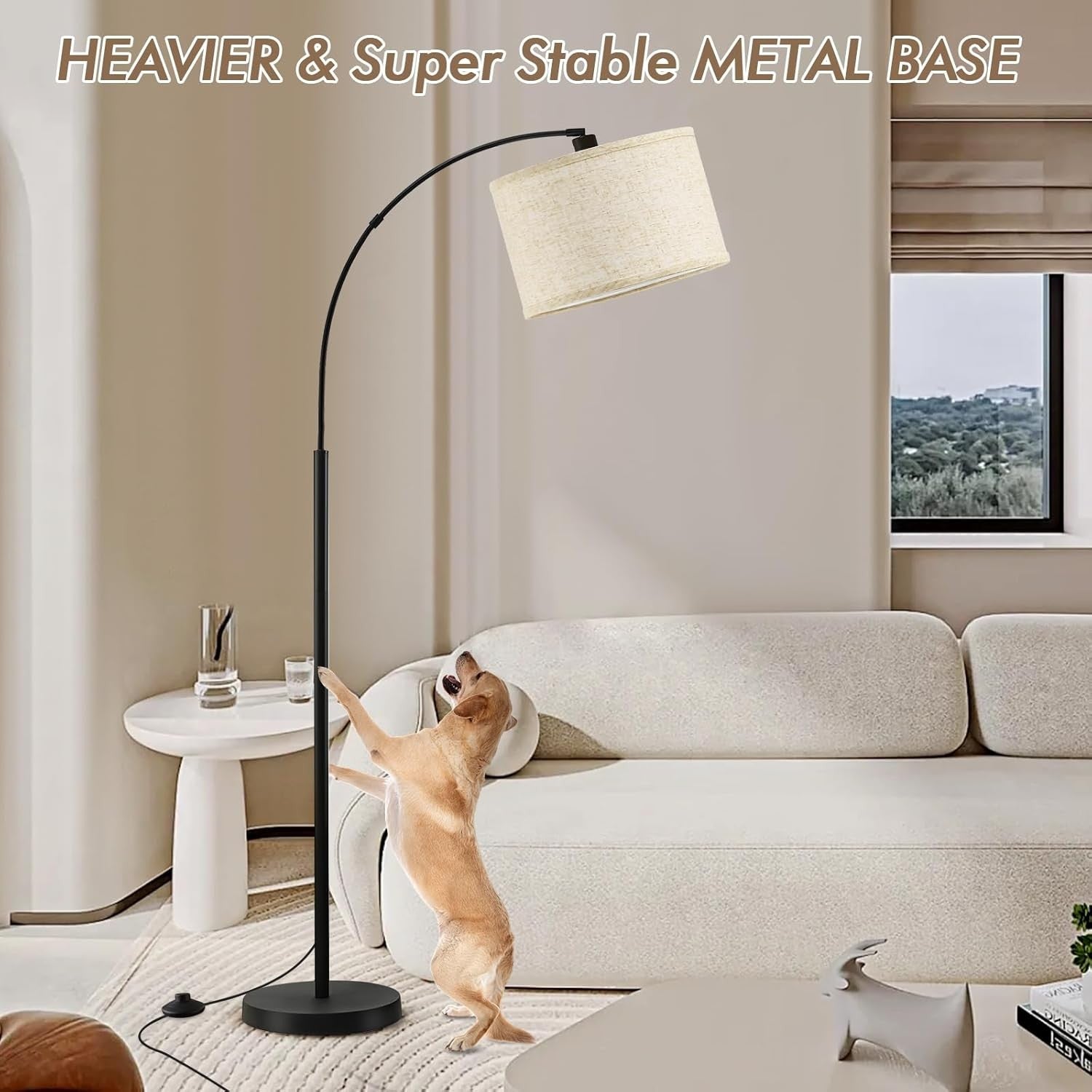 Black Arc Floor Lamp Adjustable Head Tall Standing Light with Fabric Shade