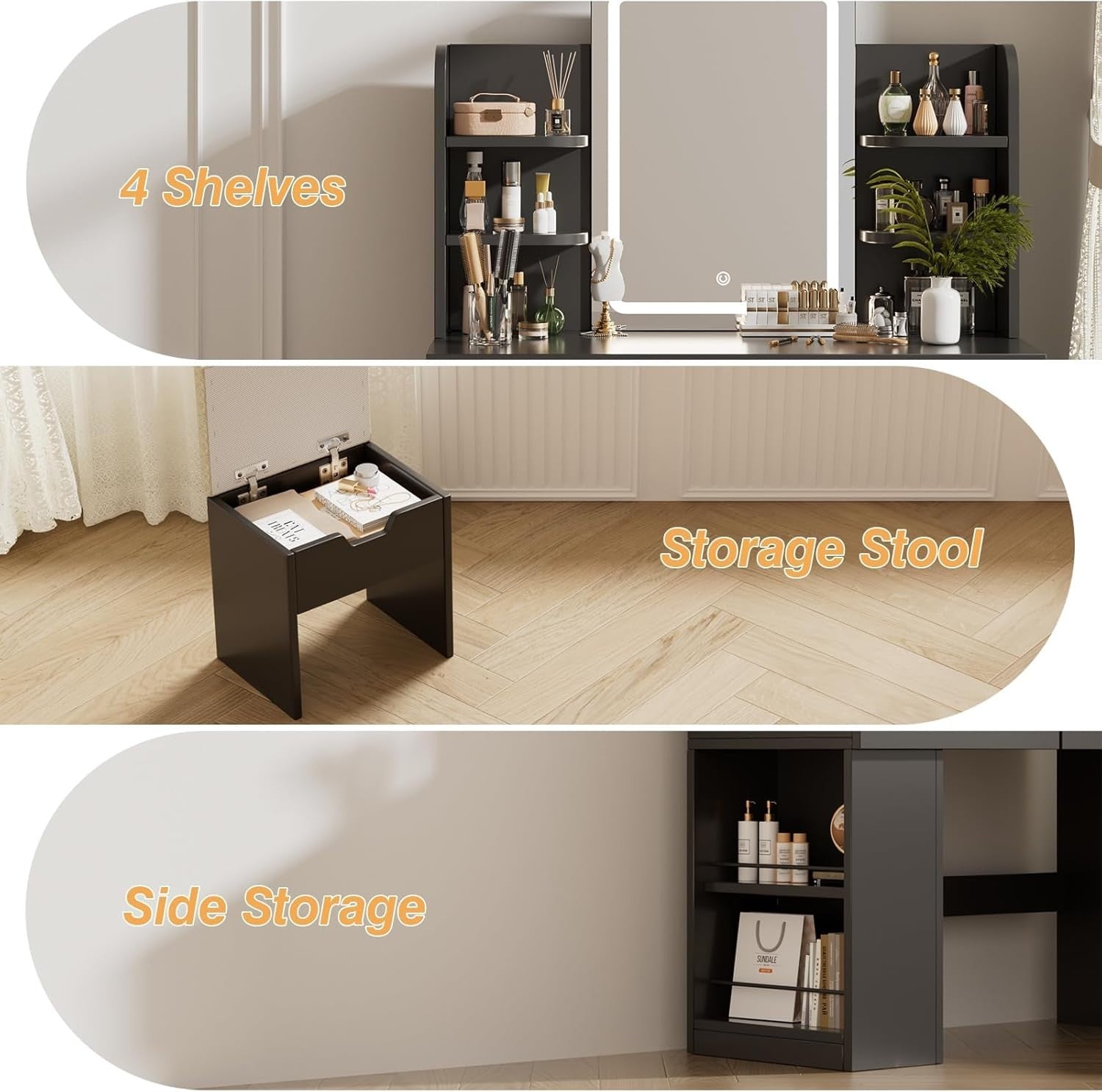 Modern Black Dressing Table Vanity LED Mirror Stool Storage Makeup Desk Wood