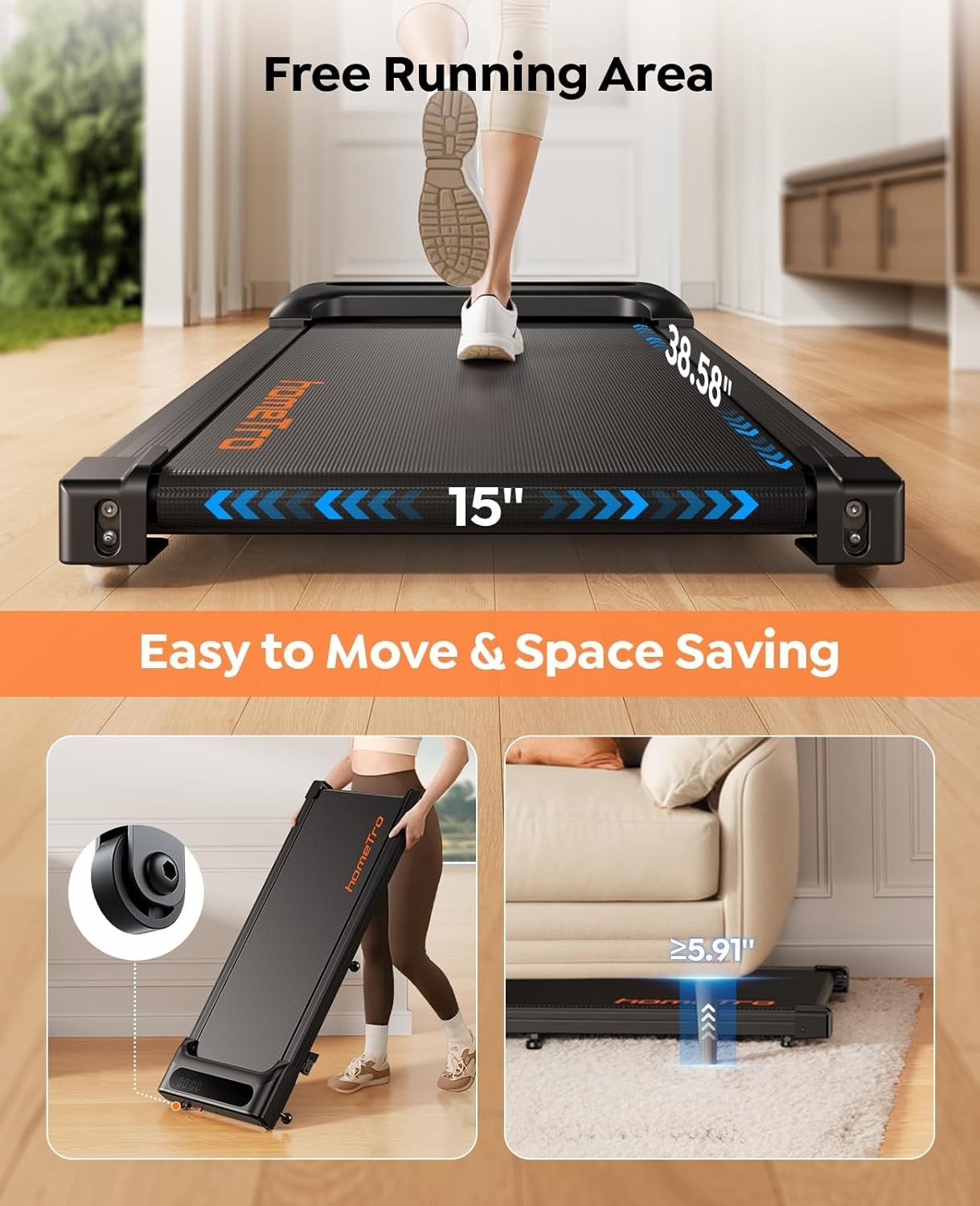 Compact Under Desk Treadmill 9% Incline 3HP Quiet Home Walking Pad