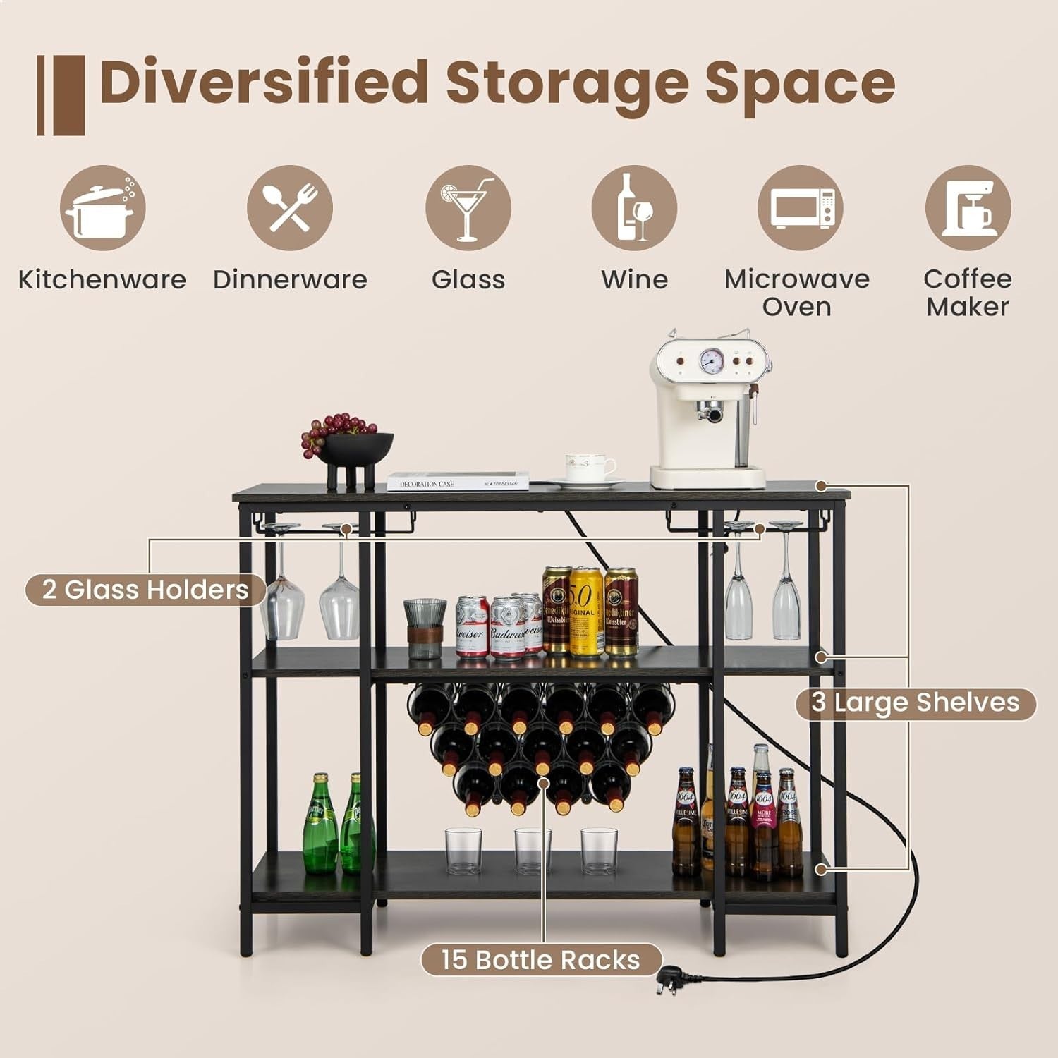 Wine Bar Cabinet with Tabletop, 15 Bottle Rack, Shelves & Charging Ports – Grey