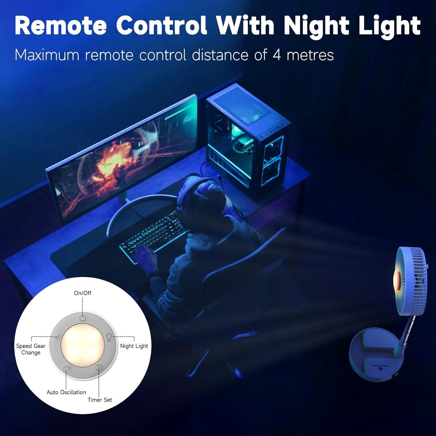 8-Inch Foldable Fan 7200mAh – Rechargeable Desk & Floor Fan w/ Remote White