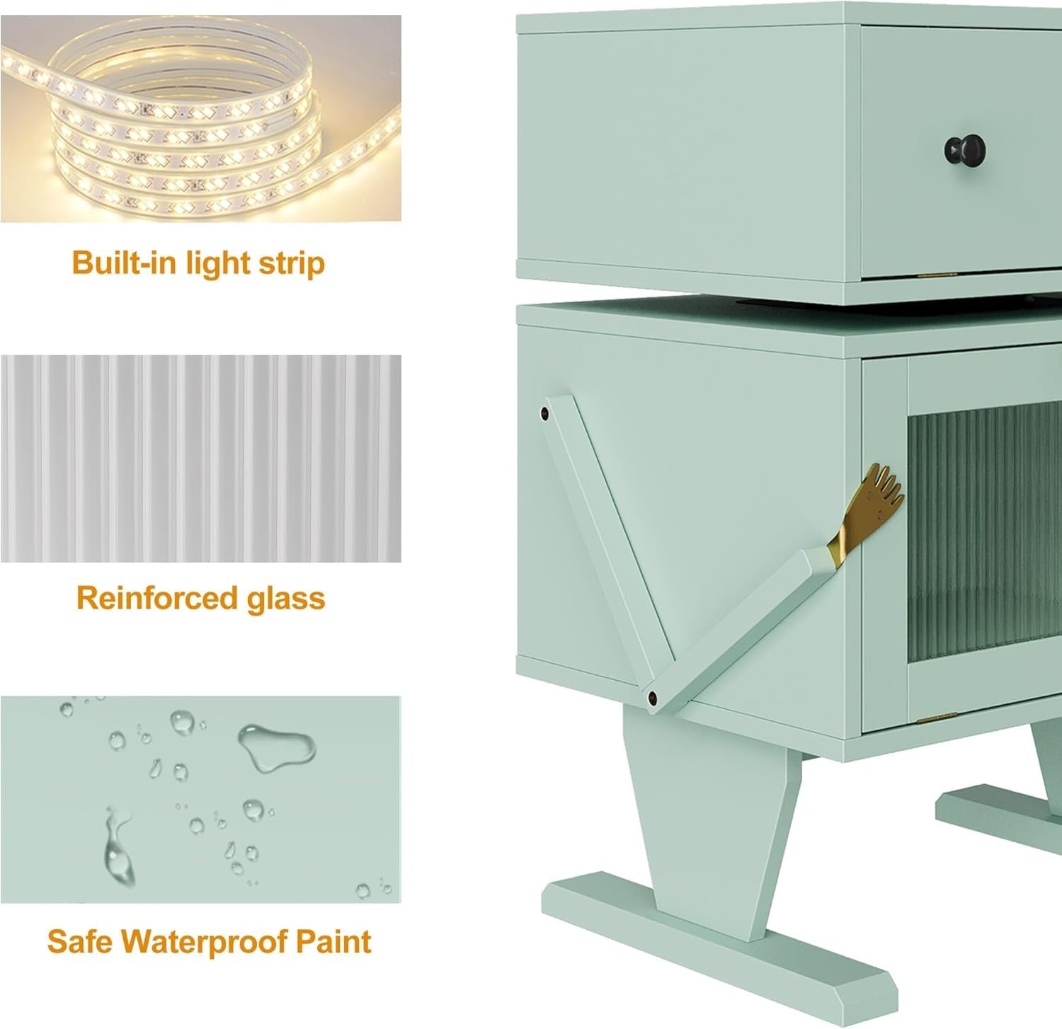 Modern LED Nightstand with Storage, Rotating Drawer & Glass Door, Green