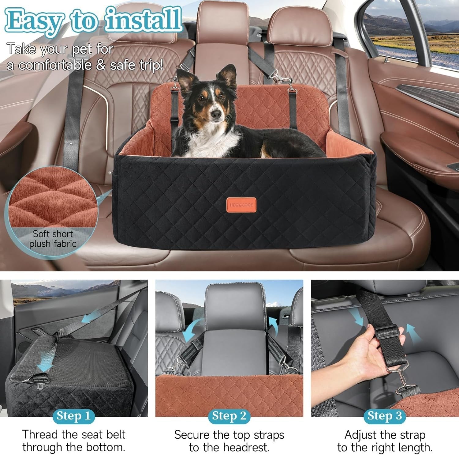Large Dog Booster Car Seat Washable Travel Bed 55lb w 2 Leashes