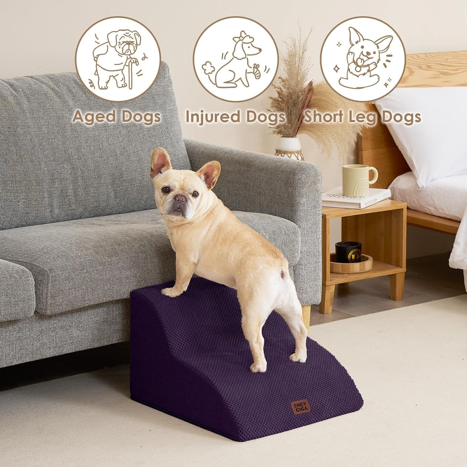 2 Step Dog Stairs for Sofa Non Slip Pet Steps Washable Purple