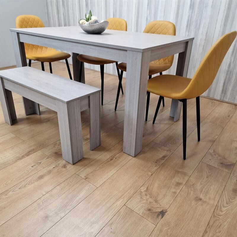 6 Seater Light Grey Dining Table Set with Mustard Chairs & Bench, MDF