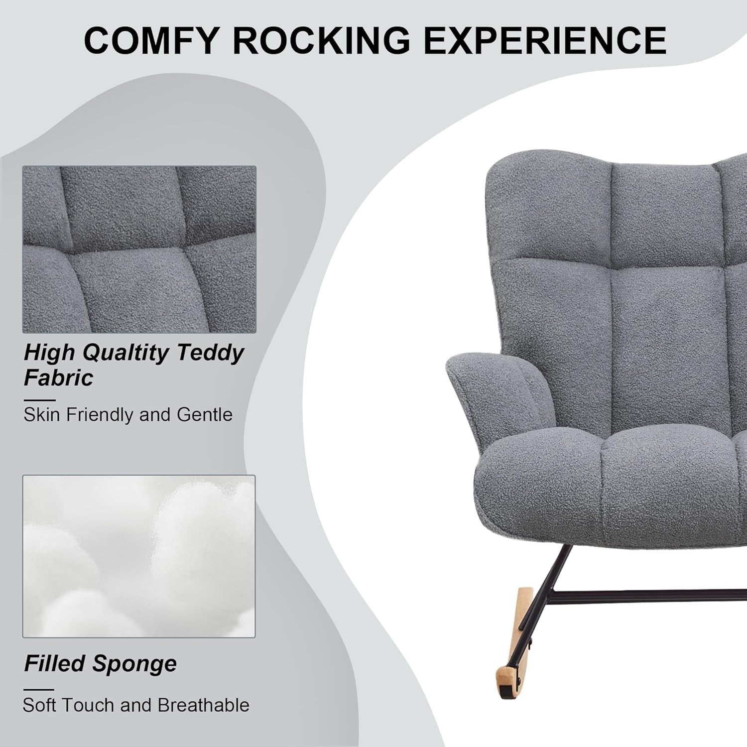 Rocking Chair Nursery Glider Comfy Armchair High Back Padded Seat Grey