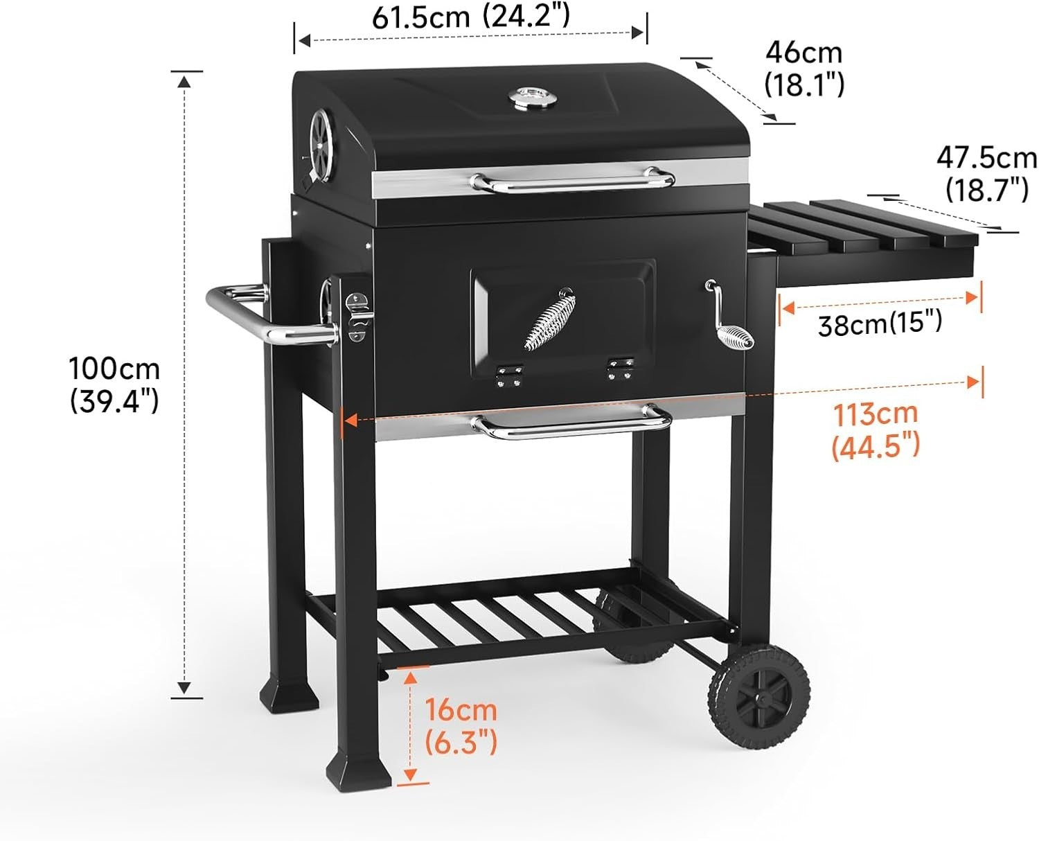 XL Charcoal BBQ Grill with Wheels, Side Table, Warming Rack & Thermometer