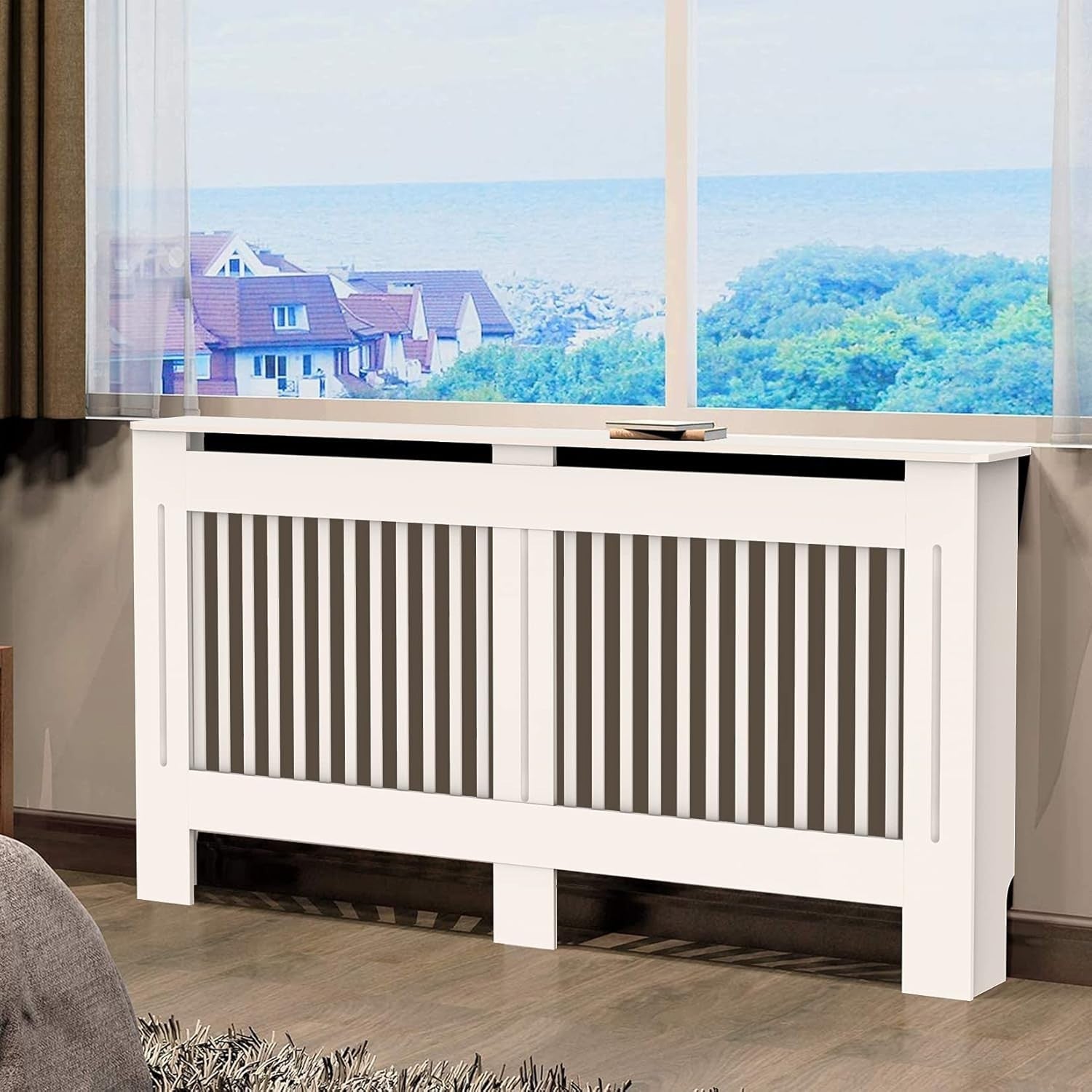 Large White Radiator Cover Cabinet 92cm MDF Vertical Slatted Heater Shelf