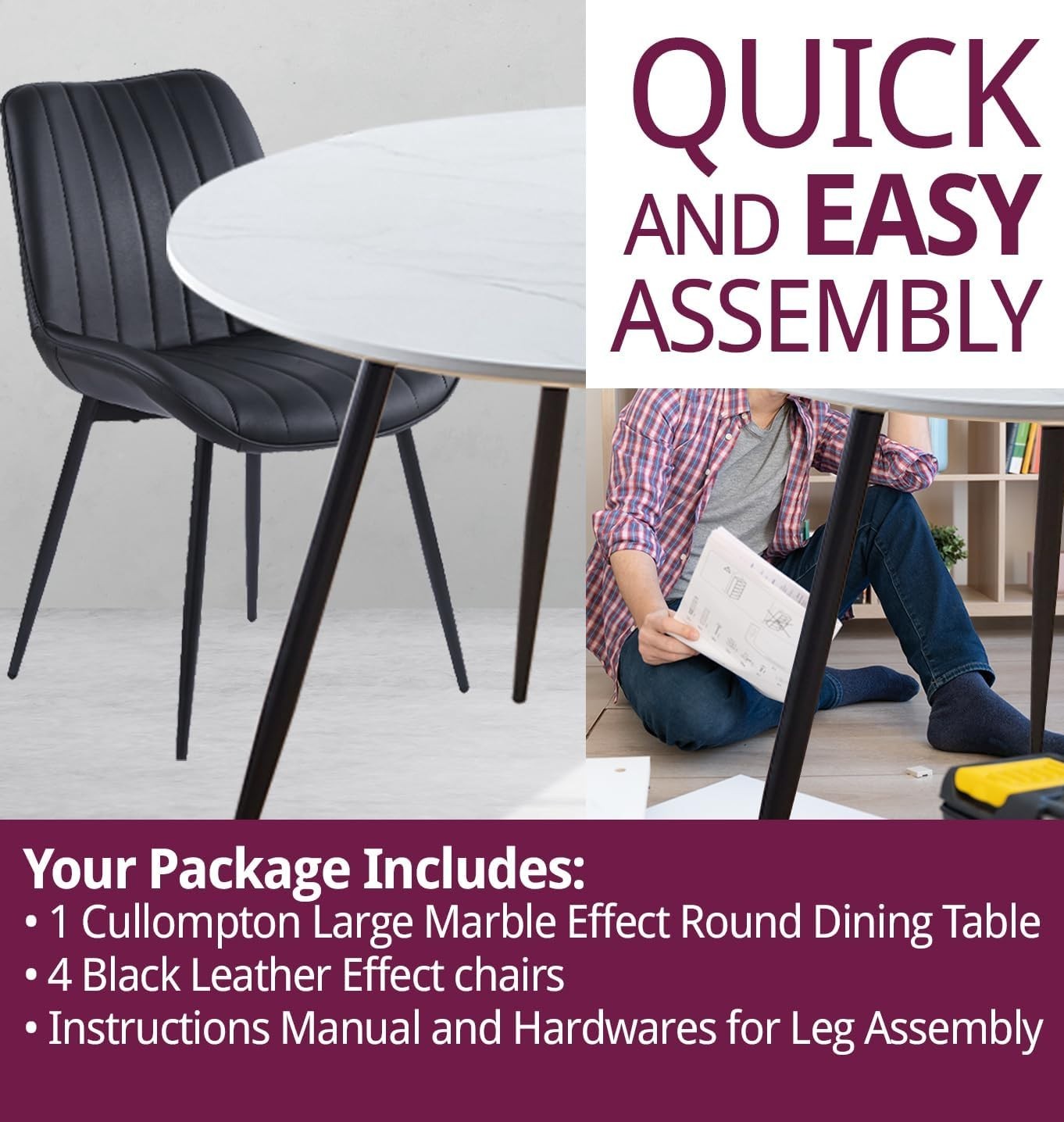 Round Dining Table Set 4 Chairs Black Bonded Leather Modern Kitchen