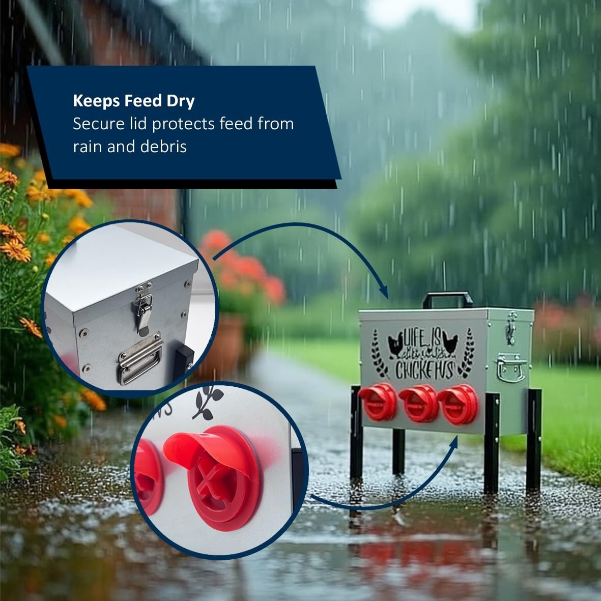 Metal Chicken Feeder 6 Port Dispenser with Stand Lid