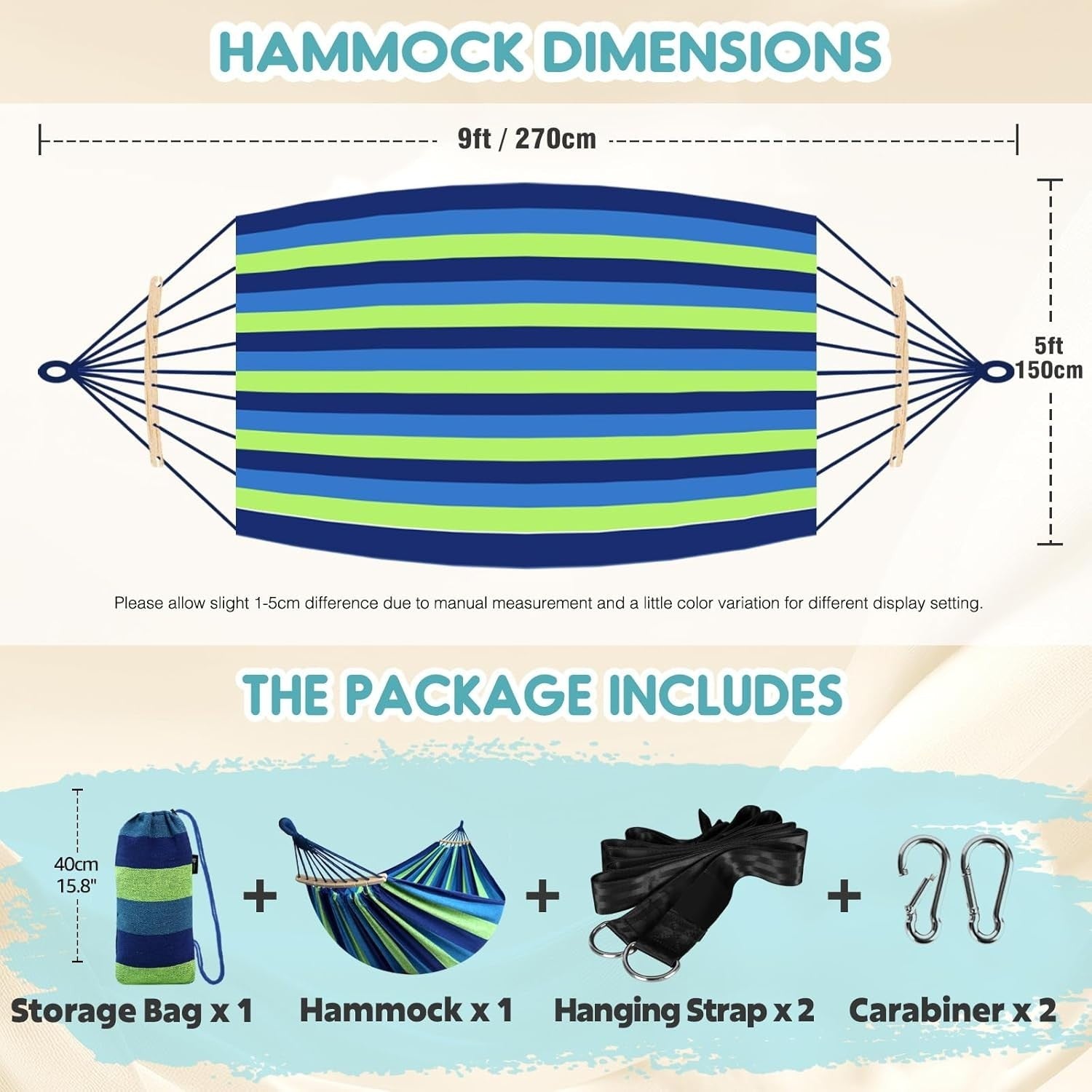 Outdoor Cotton Hammock with Spreader Bars & Tree Straps – Portable - Blue/Green