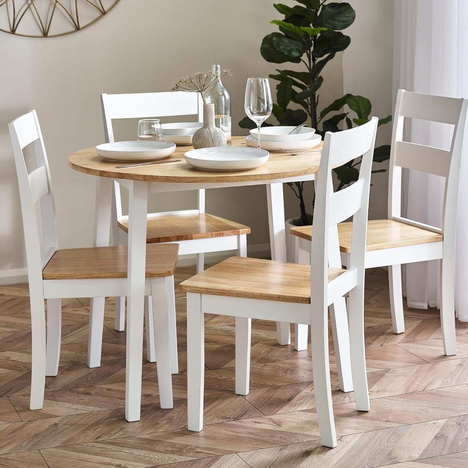 Round Drop Leaf Wooden Dining Table Space Saving Natural Finish