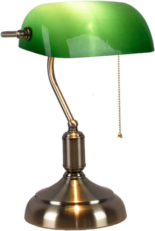 Green Glass Bankers Desk Lamp Brass Base Retro Style Adjustable Pull Chain