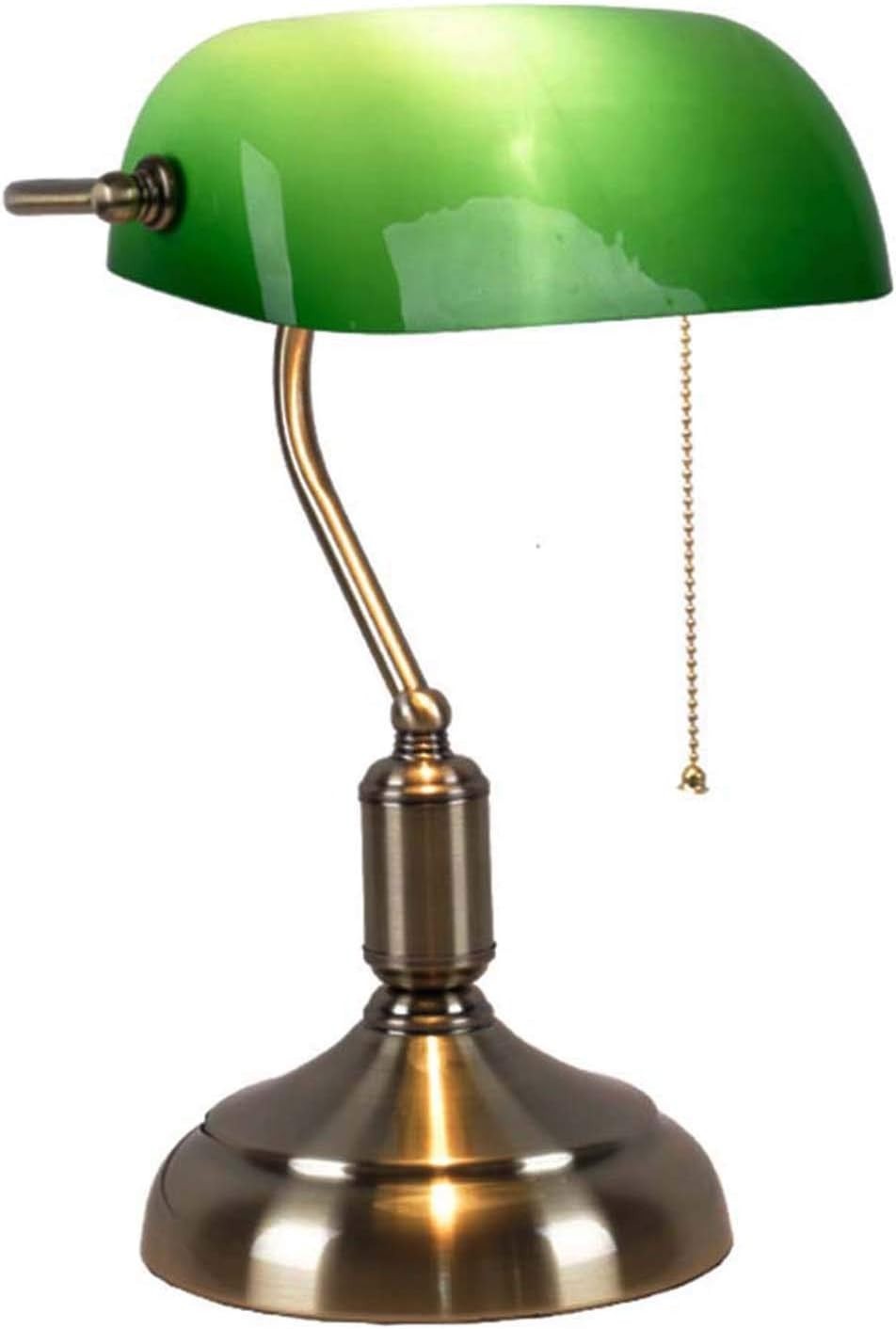 Green Glass Bankers Desk Lamp Brass Base Retro Style Adjustable Pull Chain