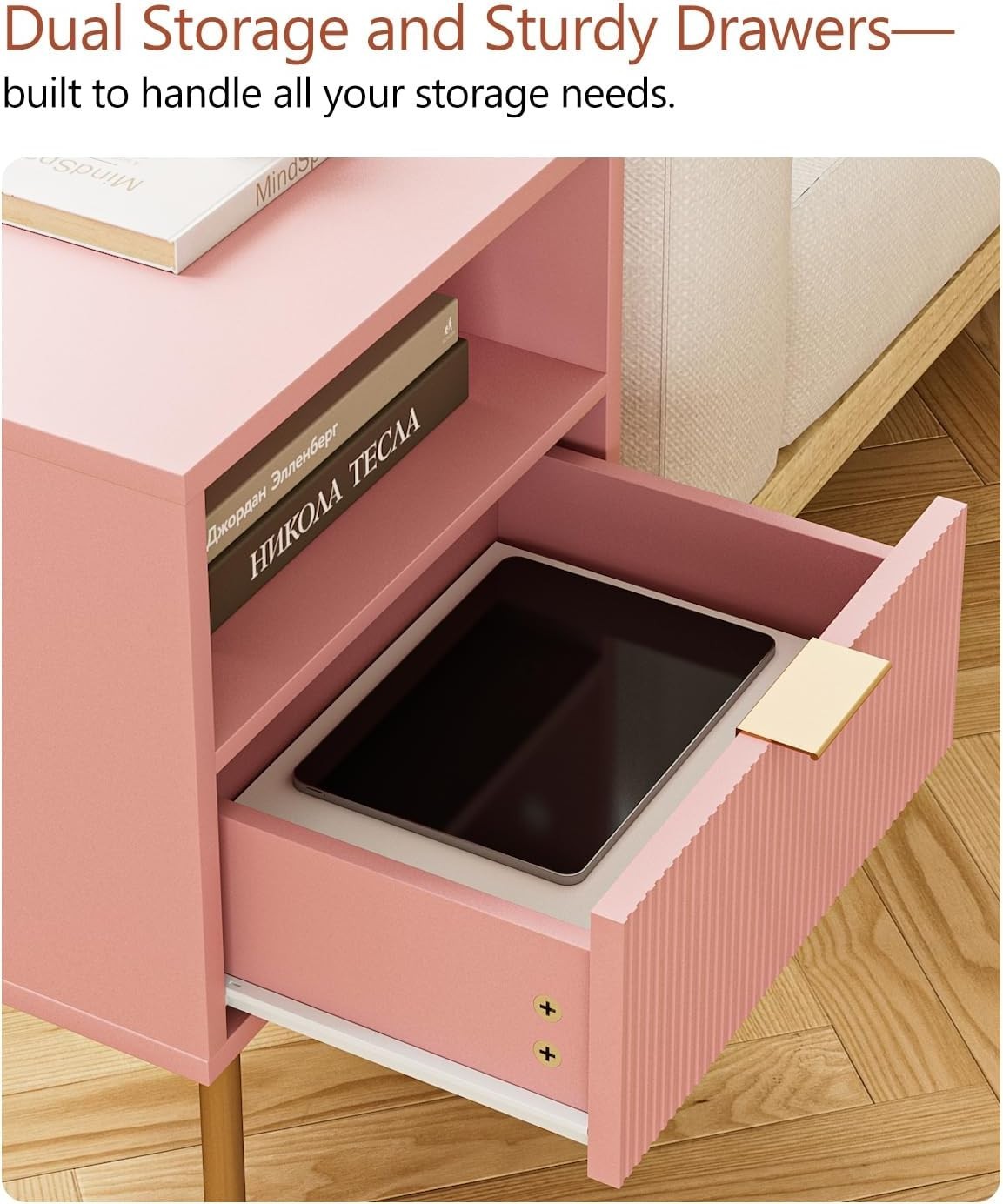 Modern Pink Bedside Table with Drawer & Open Shelf