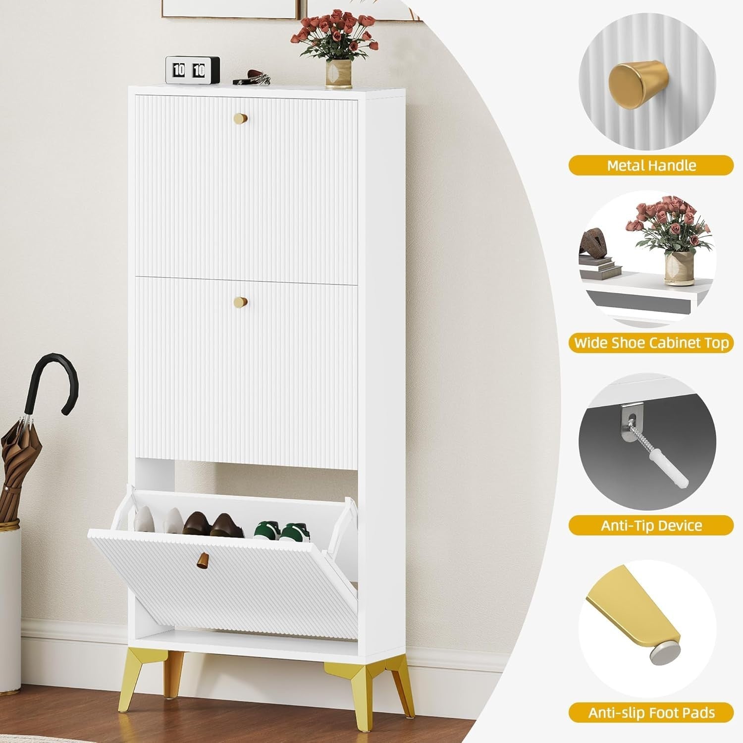 Slim White Shoe Cabinet with 3 Flip Drawers & Adjustable Dividers, Space-Saving