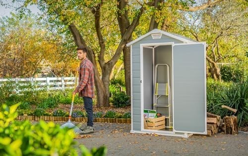 Plastic Garden Shed 4x3ft Outdoor Waterproof Storage with Floor Grey