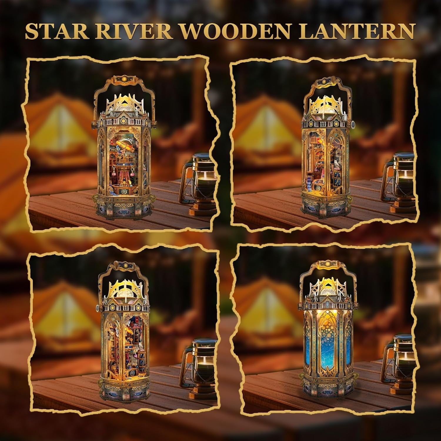 3D Wooden Puzzle Lantern Model with Rotating Lights & Nightlight Gift