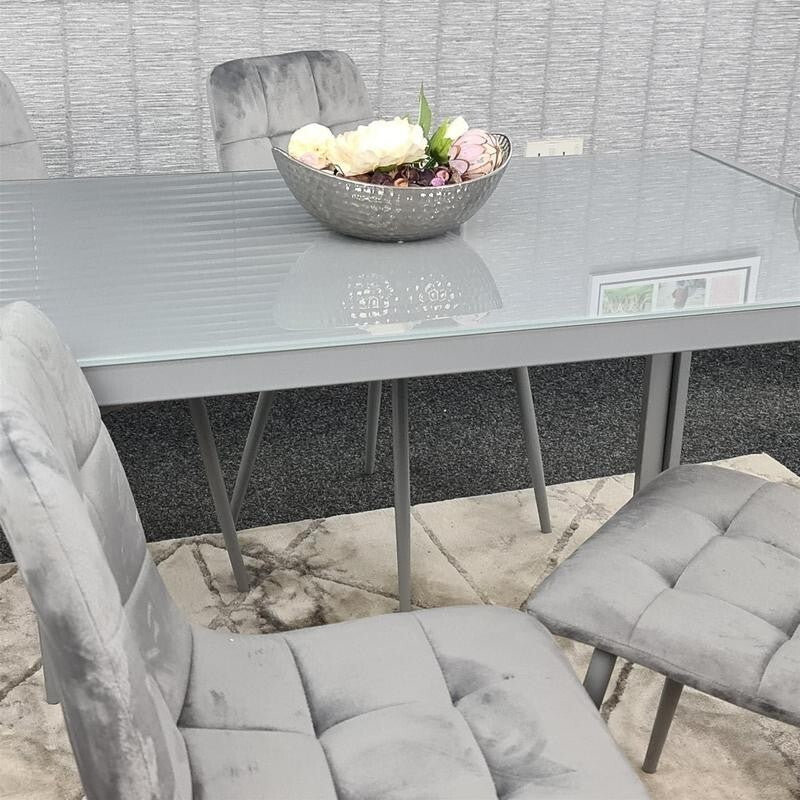 Grey Glass Dining Table Set with 4 Velvet Chairs Modern Padded Seats 134cm