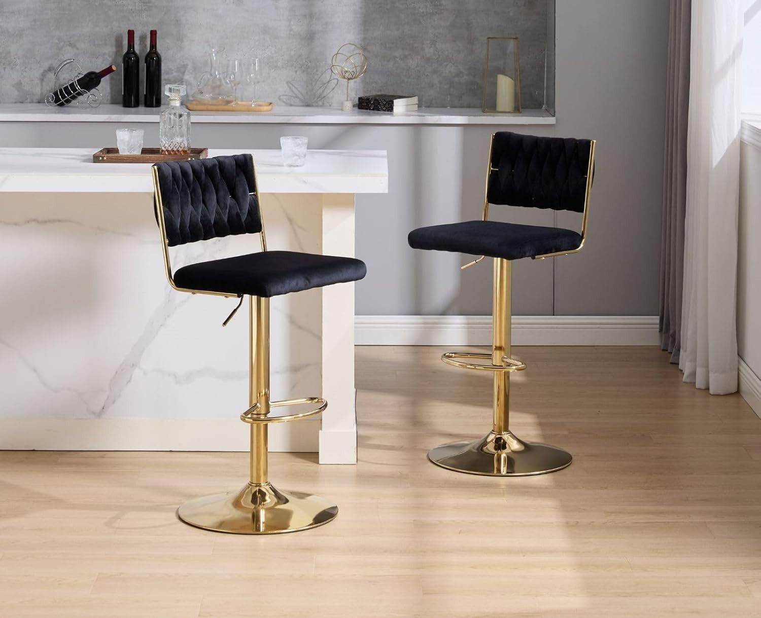 Adjustable Velvet Bar Stools Set of 2 Black Swivel Counter Chairs