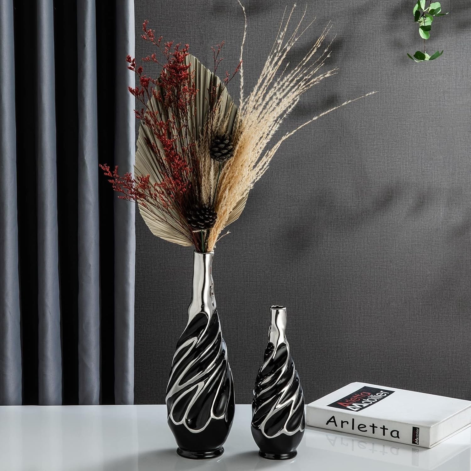 Black Silver Ceramic Vase Set 2 Modern Pampas Grass Table Home Decor