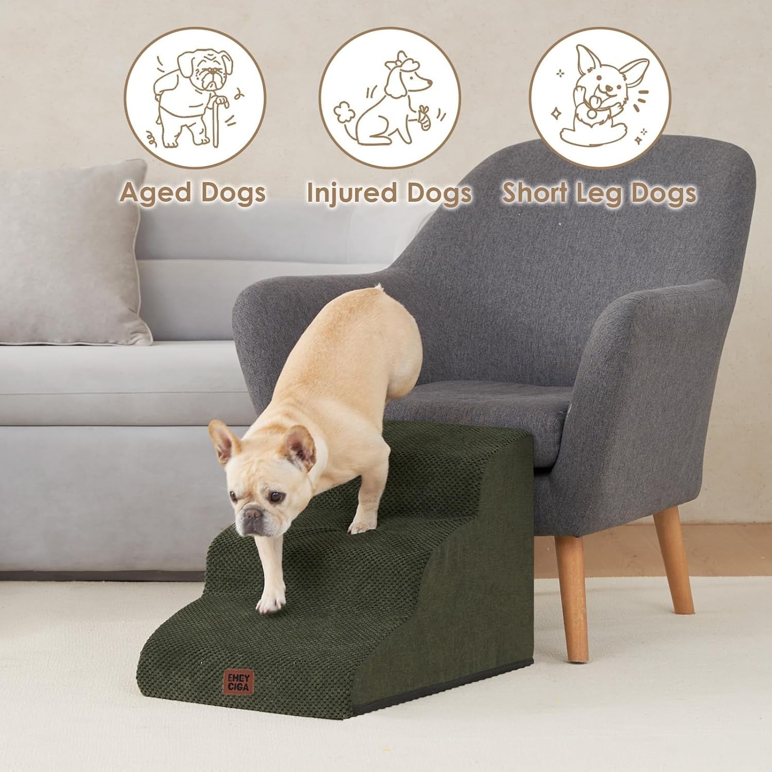 3 Step Dog Stairs for Bed Non Slip Foam Pet Steps Olive 40x57x40
