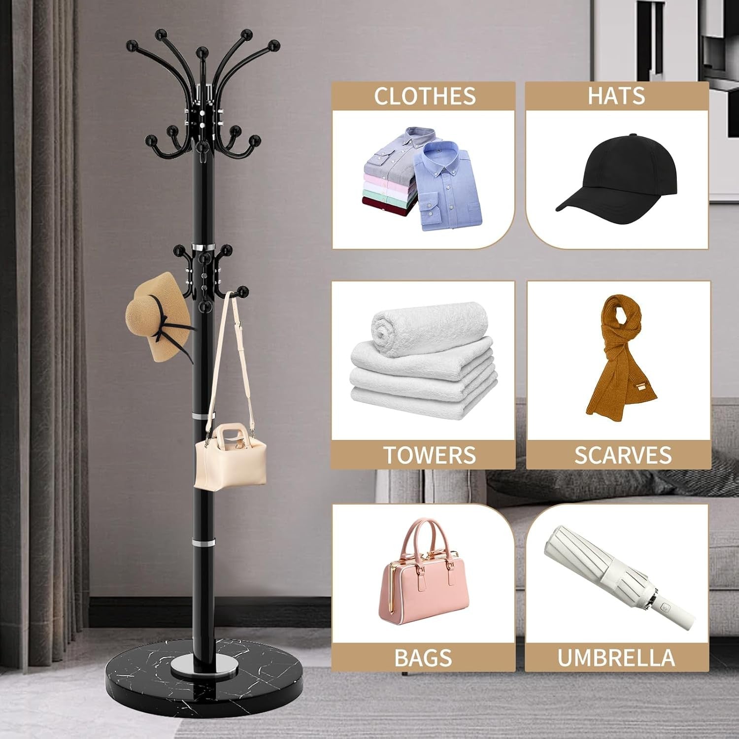 Modern 360° Rotating Metal Coat Rack with Marble Base | 14 Hook Stand