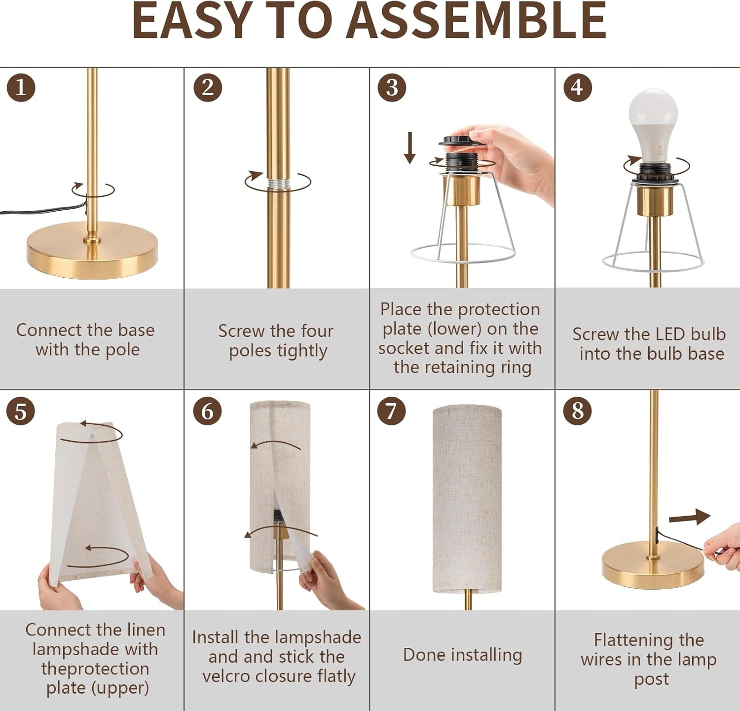 Modern Floor Lamp with Remote App Control Dimmable Reading Light Gold