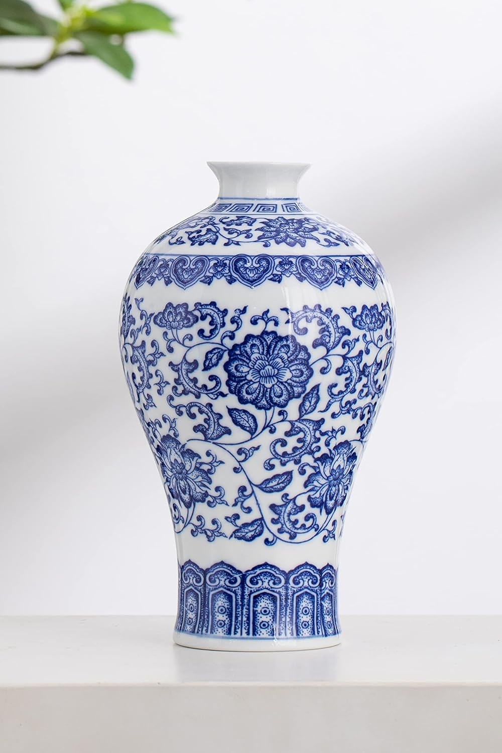 Blue White Ceramic Vase Chinoiserie Floral Table Centerpiece 9 Inch