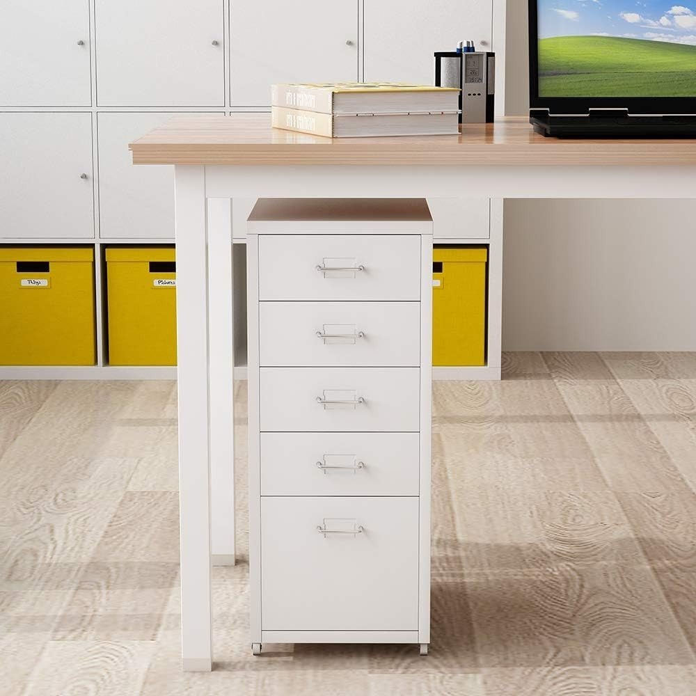 White Metal Mobile Filing Cabinet 5 Drawer Office Storage on Wheels
