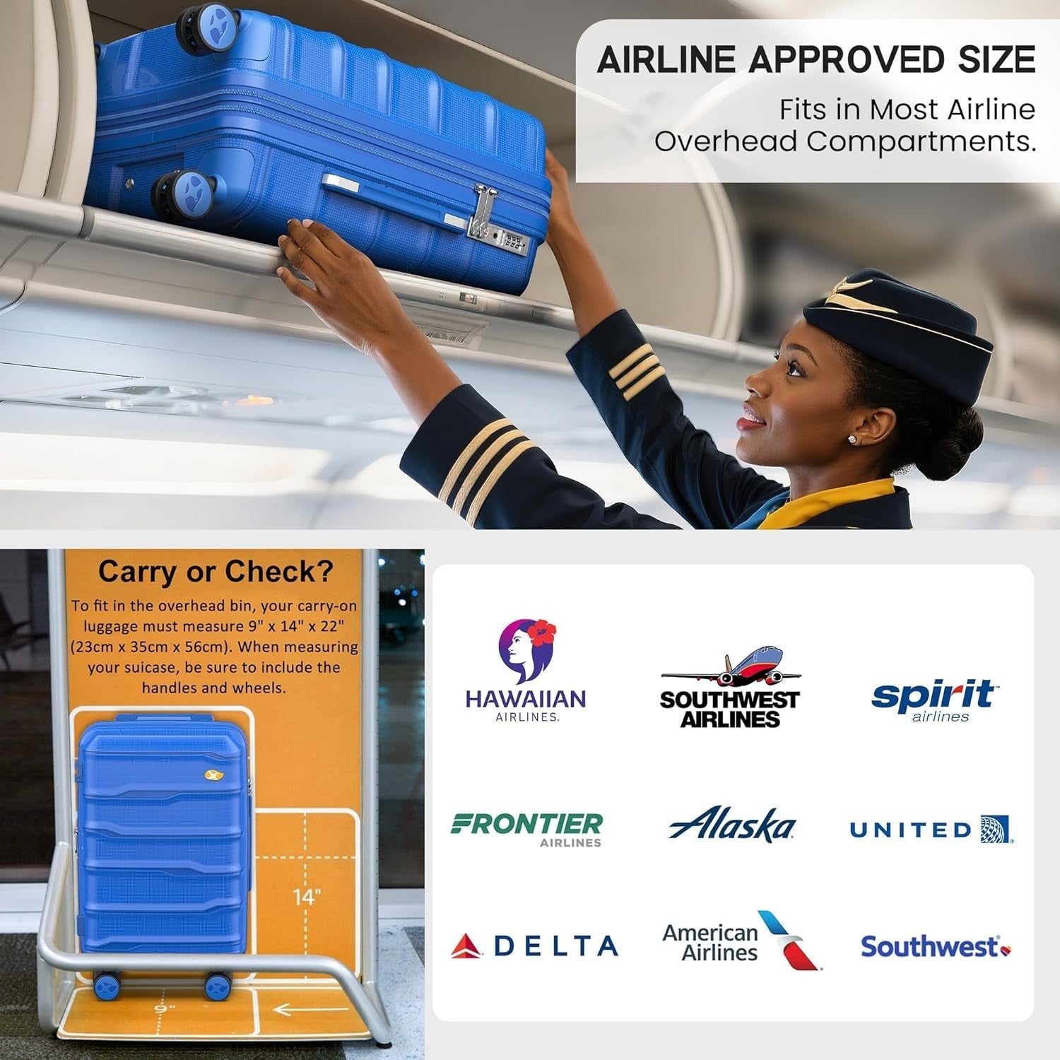 20 Inch Hard Shell Cabin Suitcase PP Lightweight 4 Spinner Wheels TSA