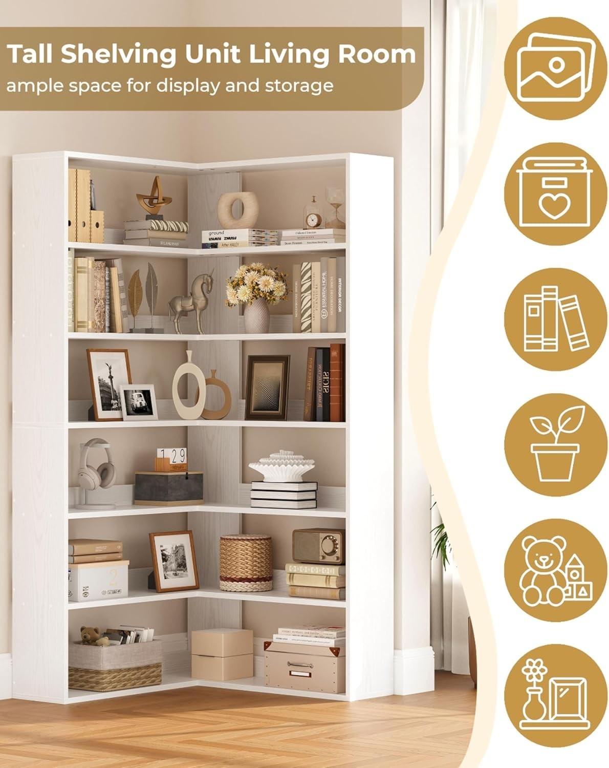 6-Tier Tall White Corner Bookshelf 180cm L-Shaped Storage Rack