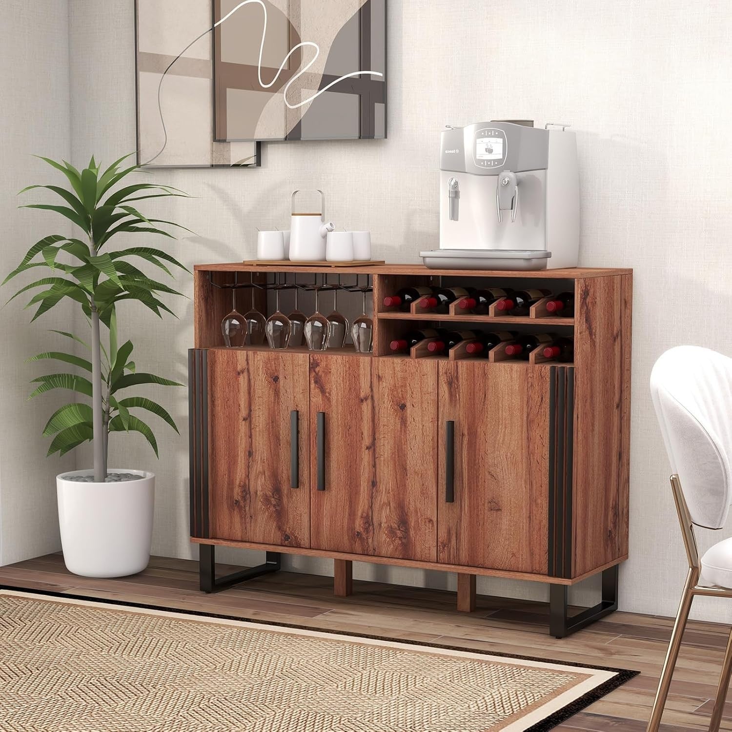 Rustic Sideboard Wine Bar Cabinet with 2-Tier Wine Rack & Glass Holder, 3 Door