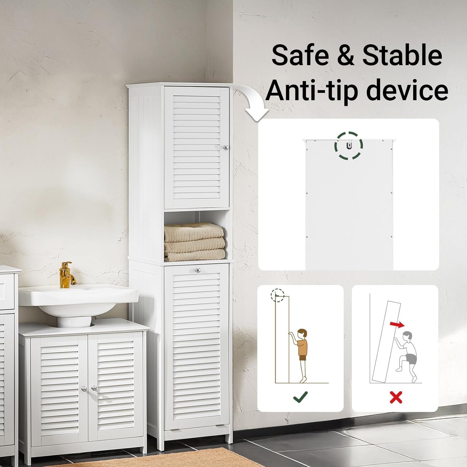 Tall Bathroom Storage Cabinet with Laundry Basket Slim Freestanding White Unit
