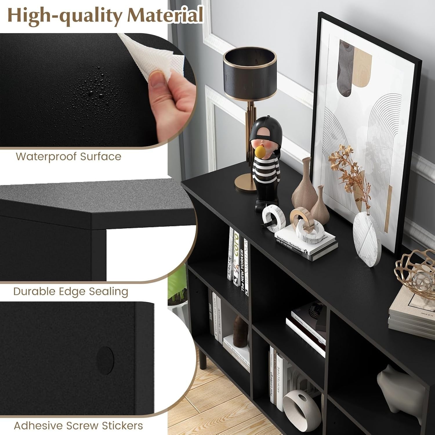 Black 6-Cube Adjustable Storage Bookcase with Metal Legs 120x35x78cm