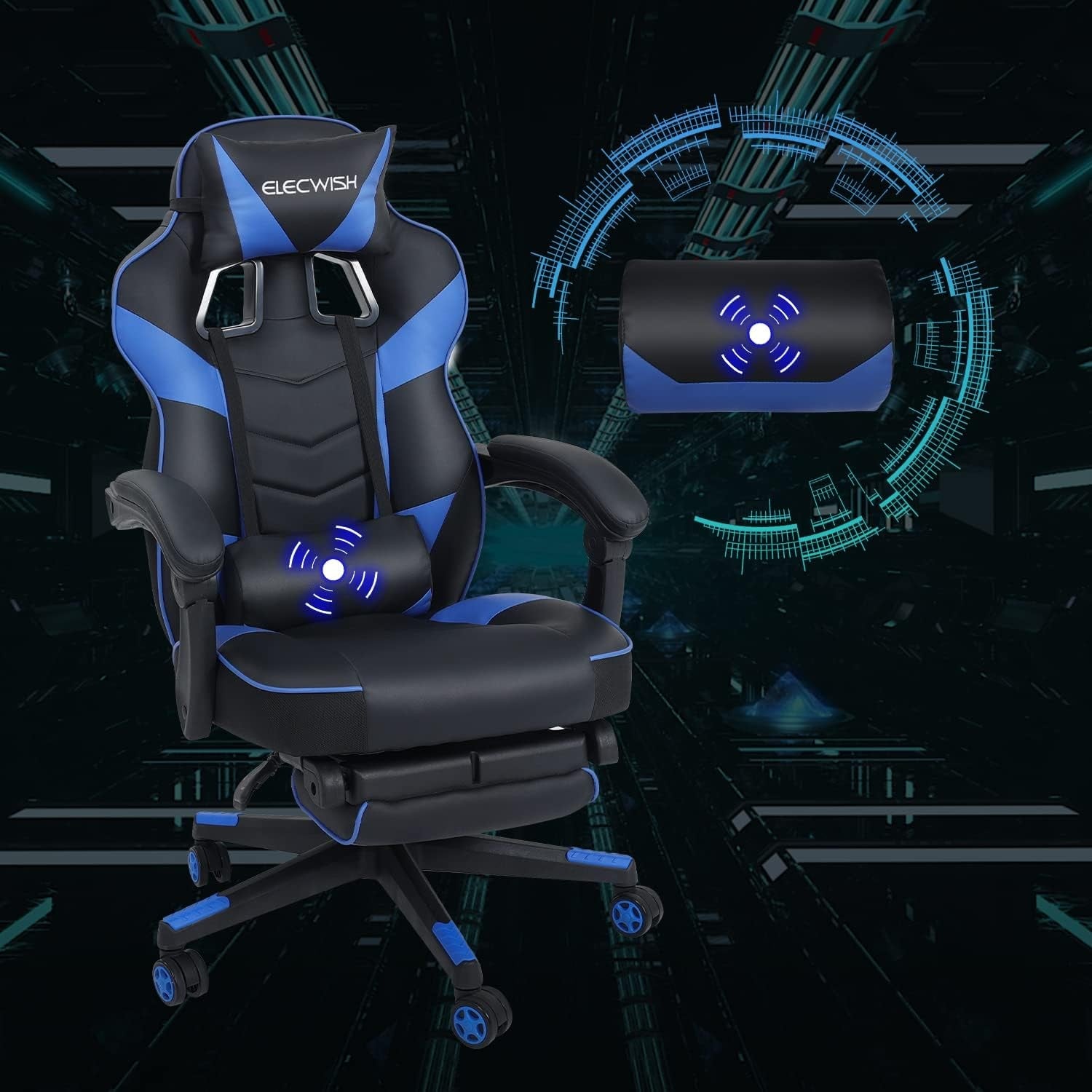 Gaming Chair with Massage & Footrest Reclining Ergonomic Blue