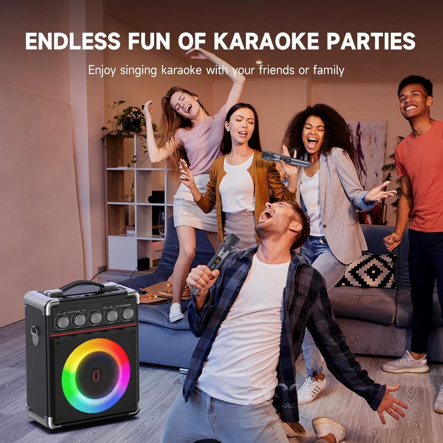 Bluetooth Karaoke Machine with 2 Mics PA Speaker LED Remote