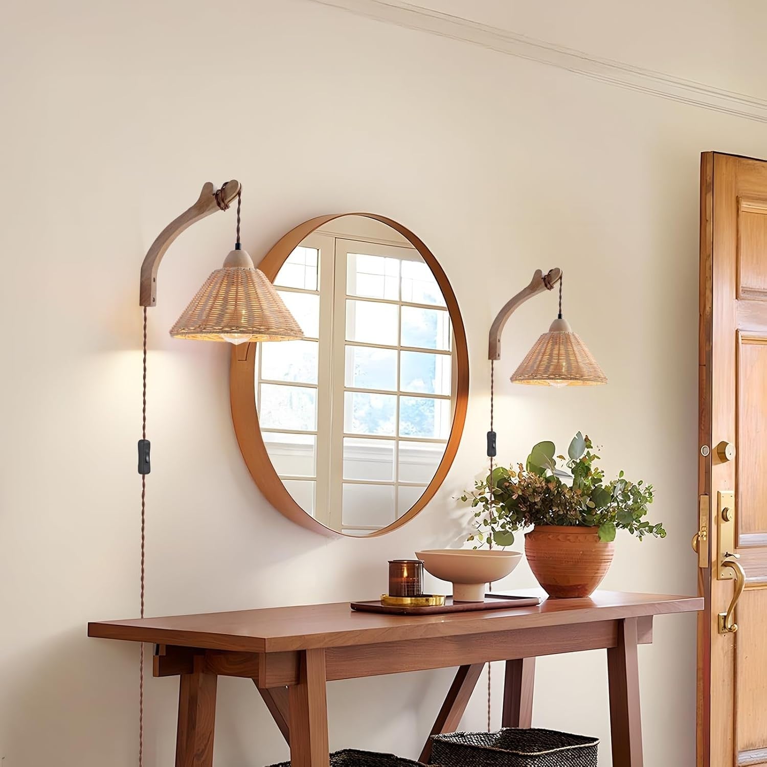 Boho Wall Light Plug In Rattan Sconce with Cord, Adjustable Farmhouse Lamp