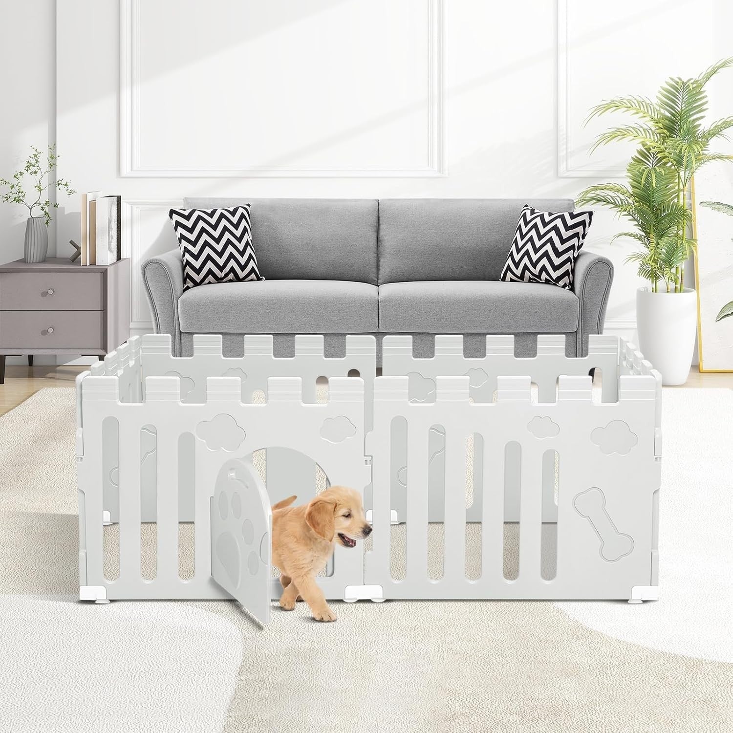 6 Panel Dog Playpen with Door – Large Indoor Pet Fence Non-Slip Gate White