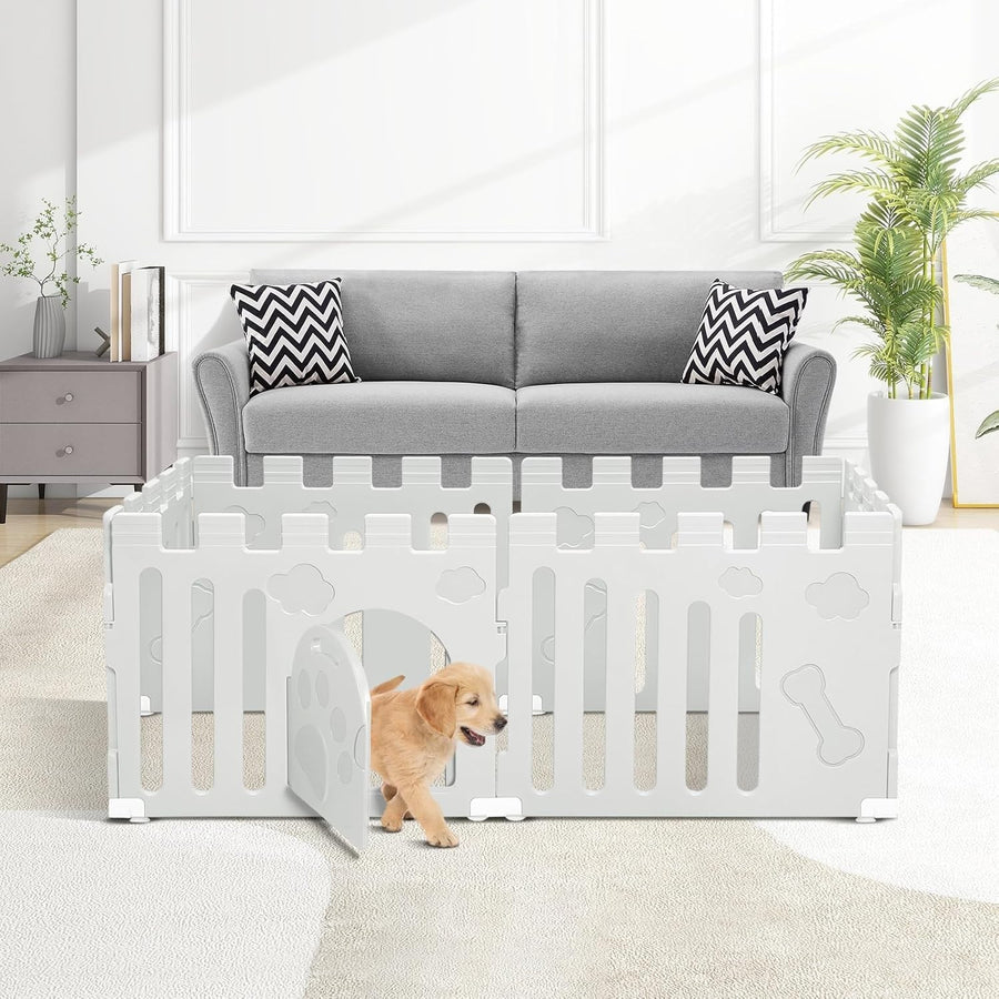6 Panel Dog Playpen with Door – Large Indoor Pet Fence Non-Slip Gate White