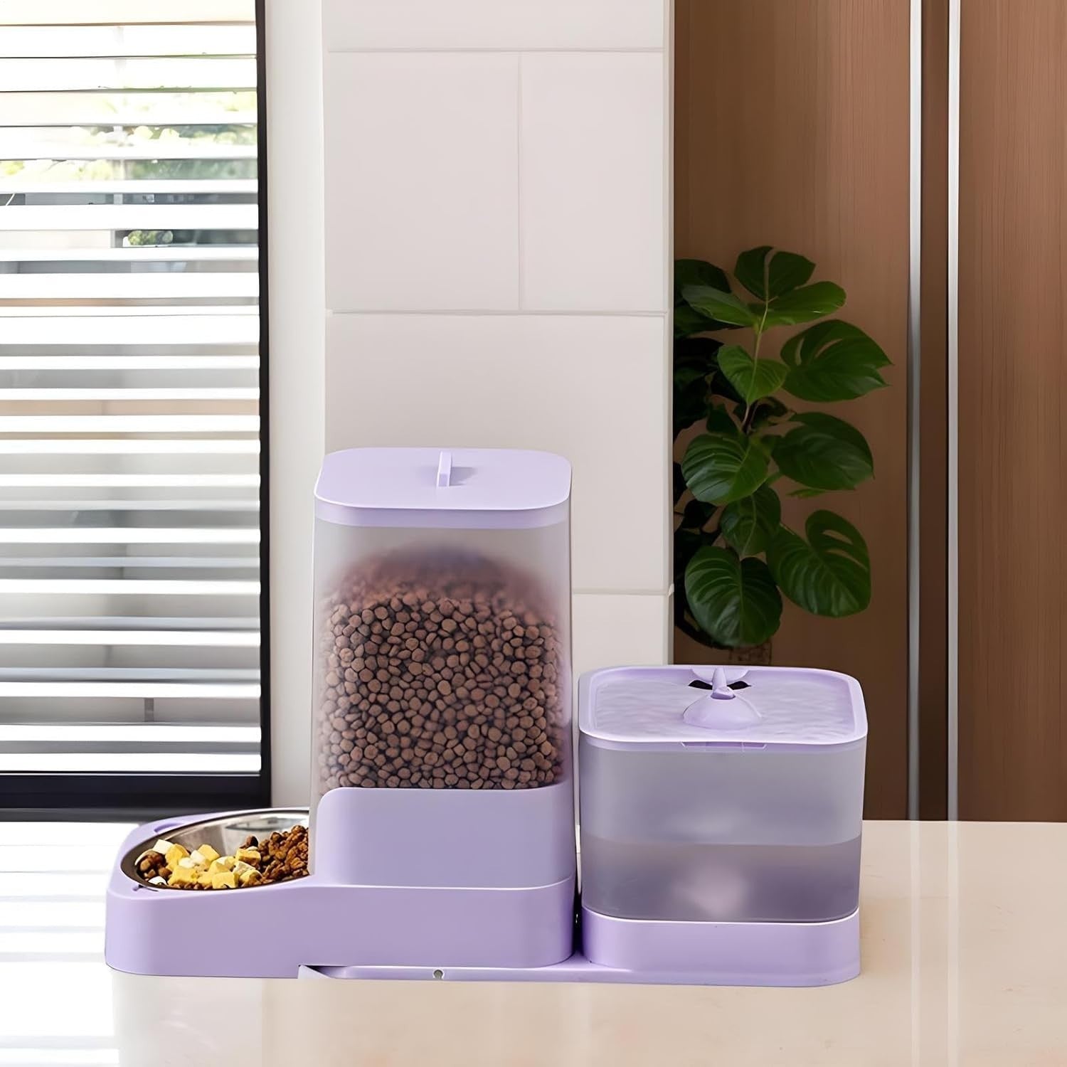 2 in 1 Automatic Cat Feeder Water Fountain 3L Food 2L Tank USB Purple