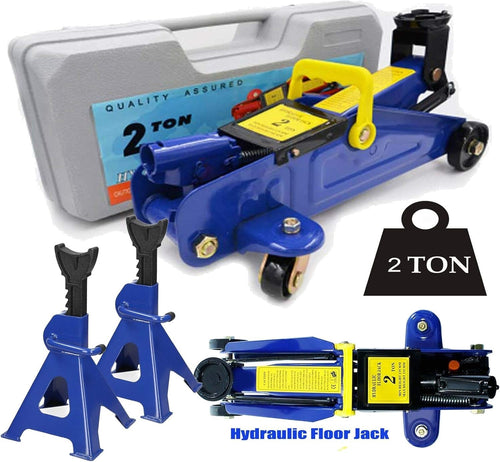 2 Ton Floor Jack + 3 Ton Axle Stands Heavy Duty Car Lift Set 135–350mm w/ Case