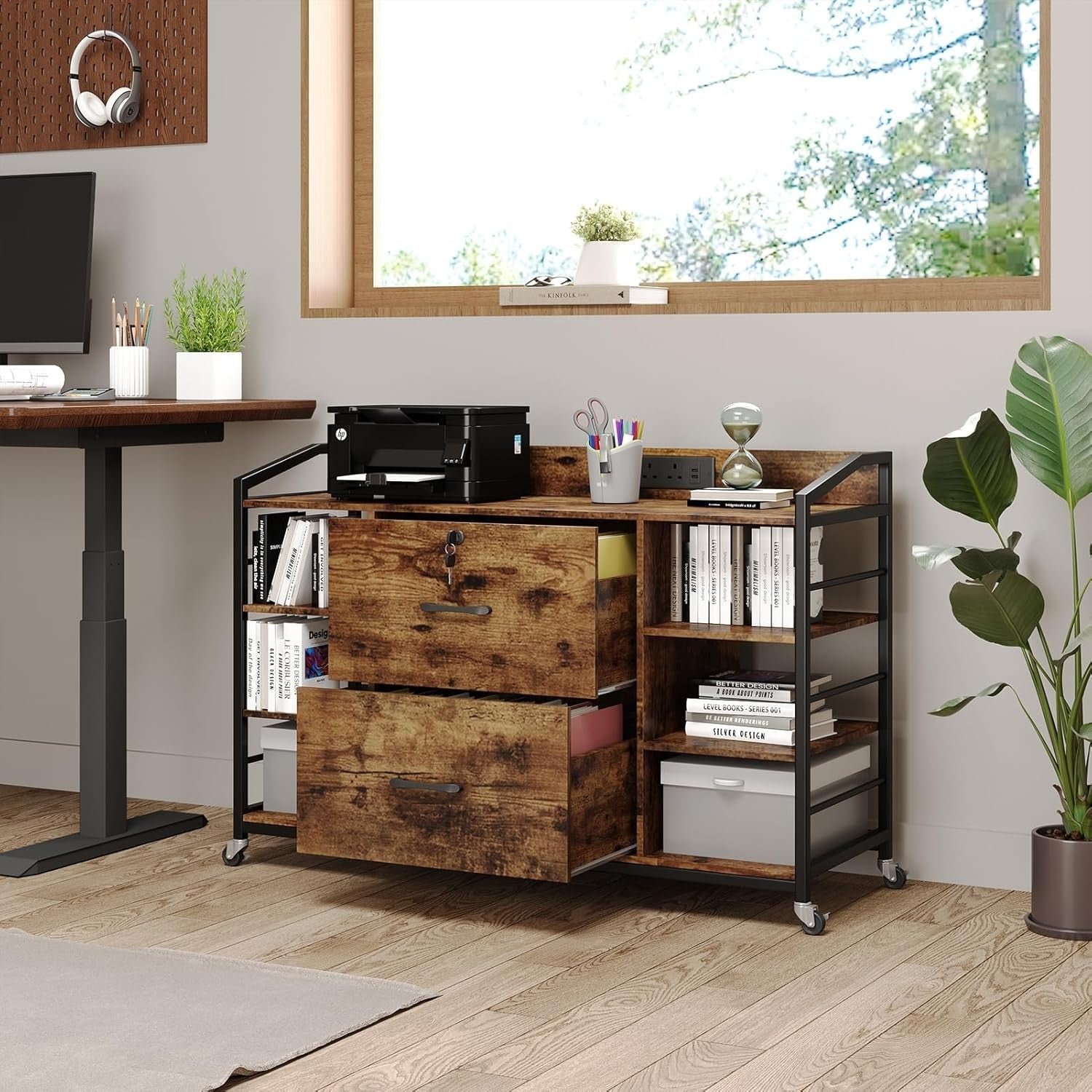 Rustic Mobile File Cabinet w/ Power Outlet Lockable Drawers Printer Desk
