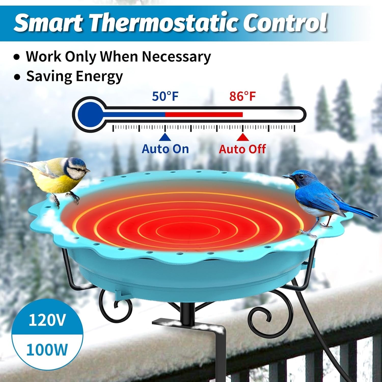 Heated Bird Bath 100W Thermostat Blue Deck Mount Winter Outdoor Water Feeder