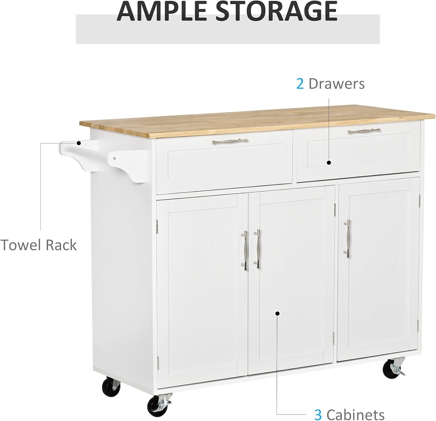 Kitchen Island Trolley Rolling Storage Cart Drawers Cabinets Wooden Top